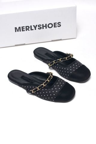 Dép Sục Nữ Quai Ngang Xích Merly 1589 Đen Chấm Bi Mềm Êm Mũi Tròn Bít Mũi, Giày Nữ Big Size 35-43, Giày Sục Bệt, Giày Sục Nữ