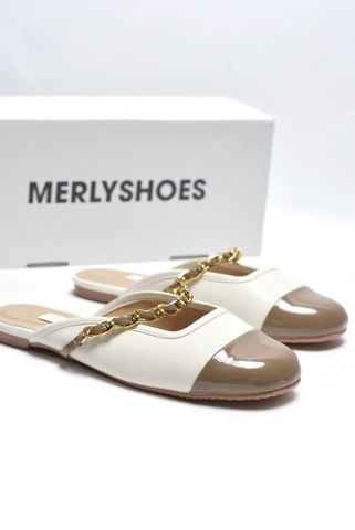 [Best Seller] Giày Sục Nữ Quai Ngang Xích Mũi Tròn Merly 1589 Kem x Nâu Cà Phê, Dép Sục Bigsize 35-43, Dép Lê Nữ, Dép Bít Mũi