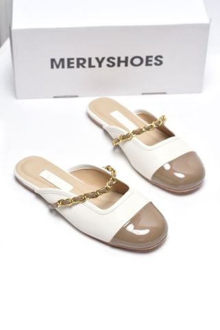 [Best Seller] Giày Sục Nữ Quai Ngang Xích Mũi Tròn Merly 1589 Kem x Nâu Cà Phê, Dép Sục Bigsize 35-43, Dép Lê Nữ, Dép Bít Mũi