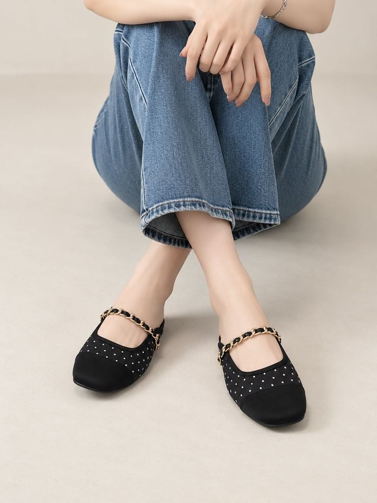 Dép Sục Nữ Quai Ngang Xích Merly 1589 Đen Chấm Bi Mềm Êm Mũi Tròn Bít Mũi, Giày Nữ Big Size 35-43, Giày Sục Bệt, Giày Sục Nữ