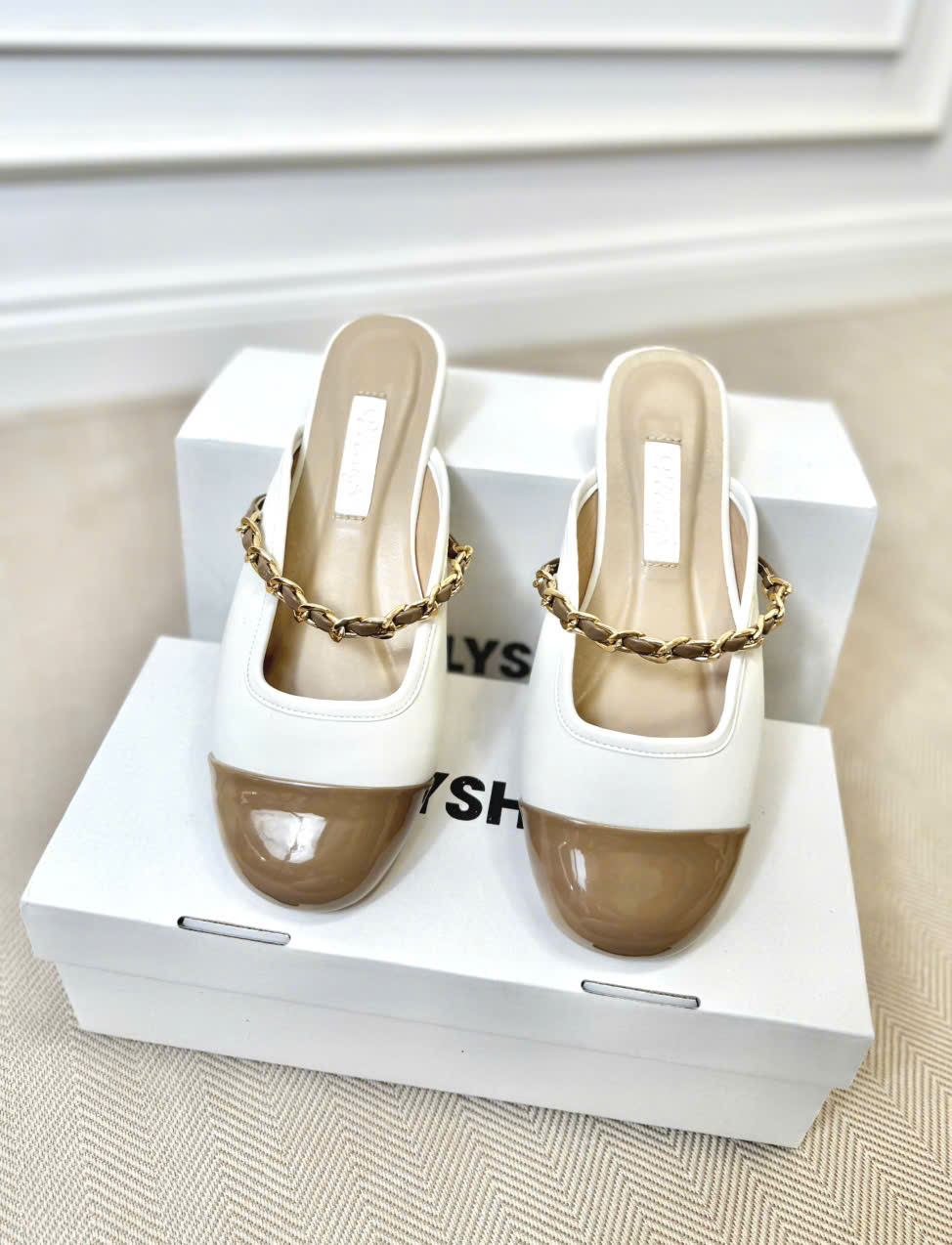 Giày Sục Nữ Quai Ngang Xích Mũi Tròn Merly 1589 Kem x Nâu Cà Phê, Dép Sục Bigsize 35-43, Dép Lê Nữ, Dép Bít Mũi