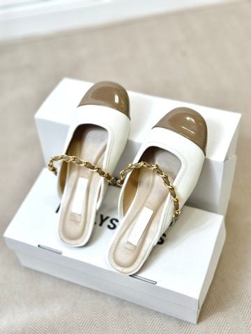 Giày Sục Nữ Quai Ngang Xích Mũi Tròn Merly 1589 Kem x Nâu Cà Phê, Dép Sục Bigsize 35-43, Dép Lê Nữ, Dép Bít Mũi