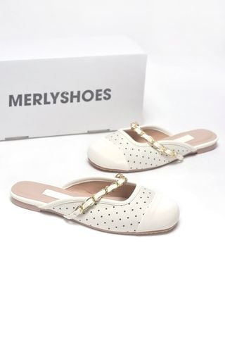 Dép Sục Nữ Quai Ngang Xích Merly 1589 Trắng Kem Chấm Bi Mềm Êm Mũi Tròn Bít Mũi, Giày Nữ Big Size 35-43, Giày Sục Bệt, Giày Sục Nữ
