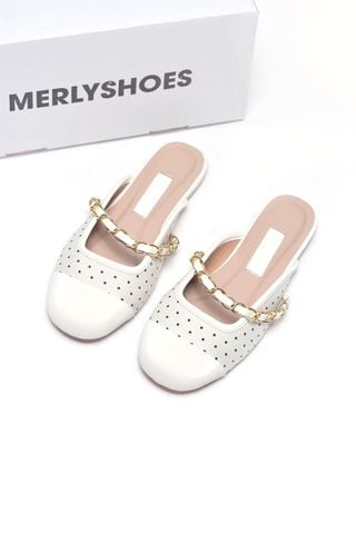 Dép Sục Nữ Quai Ngang Xích Merly 1589 Trắng Kem Chấm Bi Mềm Êm Mũi Tròn Bít Mũi, Giày Nữ Big Size 35-43, Giày Sục Bệt, Giày Sục Nữ