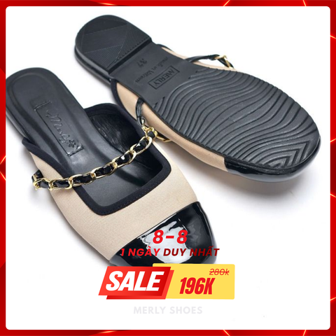 [Best Seller] Giày Sục Nữ Quai Ngang Xích Mũi Tròn Merly 1589 Kem Mũi Đen 35-43, Giày Búp Bê Có Quai Ngang Đế Cao Su Chống Trơn, Giày Mũi Vuông, Giày Búp Bê Nữ, Giày Dép Nữ Big Size