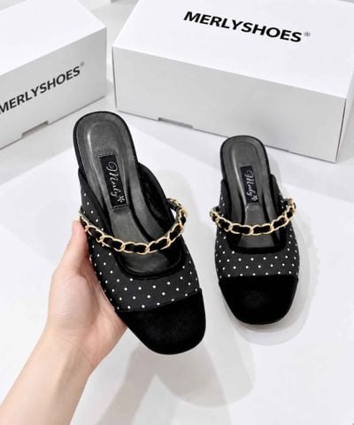Dép Sục Nữ Quai Ngang Xích Merly 1589 Đen Chấm Bi Mềm Êm Mũi Tròn Bít Mũi, Giày Nữ Big Size 35-43, Giày Sục Bệt, Giày Sục Nữ