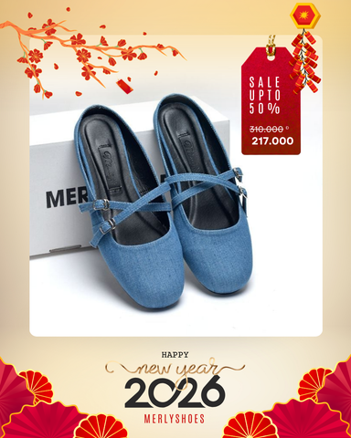 Giày Búp Bê Nữ Vải Jean Xanh Vintage, Giày Sục Nữ Bệt Mũi Vuông Quai Ngang Merly 1593 Jean, Giày Đi Chơi, Dép Sục Nữ, Dép Nữ Bệt, Giày Tiểu Thư Lolita, Giày Bệt Nữ Big Size