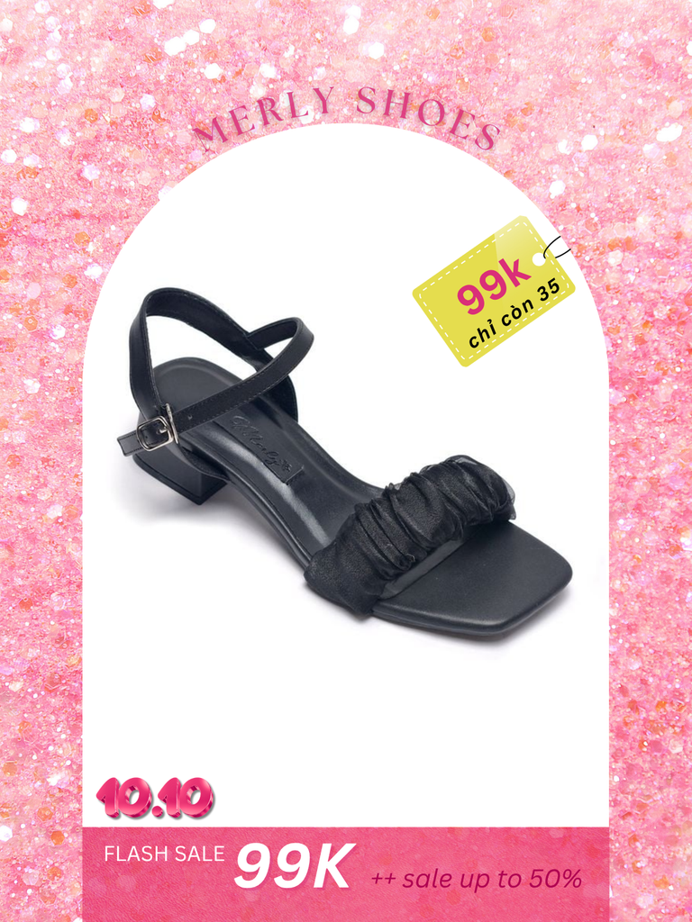 Giày Sandal Tiểu Thư Quai Ngang Voan Phồng Đế Vuông 3cm Thương Hiệu Merly 1595 Đen, Giày Đi Với Áo Dài, Giày Đi Dự Tiệc Cưới, Dép Xăng Đan Nữ, Giày Nữ Big Size, Xăng Đan Cao Gót, Sandal Nữ Big Size