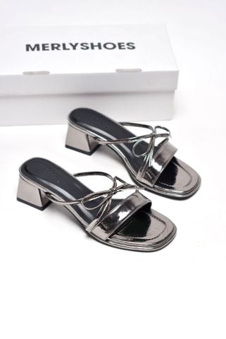 Guốc Nữ Quai Ngang Bản To Đế Vuông 3cm Màu Chì Bóng Nơ Dây Nhỏ Phong Cách Tiểu Thư, Dép Cao Gót, Guốc Nữ Big Size Merly 1596 Chì Metallic