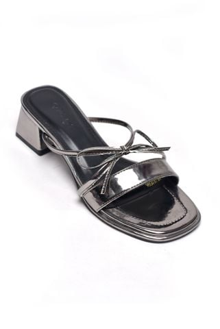 Guốc Nữ Quai Ngang Bản To Đế Vuông 3cm Màu Chì Bóng Nơ Dây Nhỏ Phong Cách Tiểu Thư, Dép Cao Gót, Guốc Nữ Big Size Merly 1596 Chì Metallic