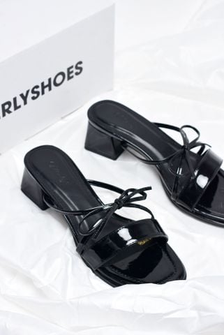 Guốc Nữ Quai Ngang Bản To Đế Vuông 3cm Màu Đen Nơ Dây Nhỏ Tinh Tế, Dép Tiểu Thư, Dép Cao Gót, Guốc Nữ Big Size Merly 1596 Đen Bóng