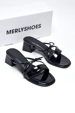 Guốc Nữ Quai Ngang Bản To Đế Vuông 3cm Màu Đen Nơ Dây Nhỏ Tinh Tế, Dép Tiểu Thư, Dép Cao Gót, Guốc Nữ Big Size Merly 1596 Đen Bóng