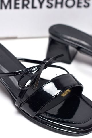 Guốc Nữ Quai Ngang Bản To Đế Vuông 3cm Màu Đen Nơ Dây Nhỏ Tinh Tế, Dép Tiểu Thư, Dép Cao Gót, Guốc Nữ Big Size Merly 1596 Đen Bóng