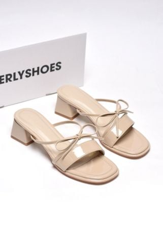 Guốc Quai Ngang Đế Vuông Thấp 3cm Màu Nude Quai Ngang Dây Nơ Nhỏ, Dép Tiểu Thư, Dép Cao Gót, Guốc Nữ Big Size Merly 1596 Kem Bóng