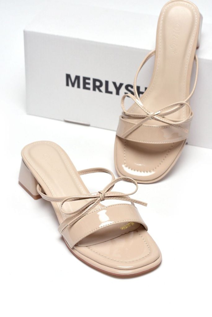 Guốc Quai Ngang Đế Vuông Thấp 3cm Màu Nude Quai Ngang Dây Nơ Nhỏ, Dép Tiểu Thư, Dép Cao Gót, Guốc Nữ Big Size Merly 1596 Kem Bóng