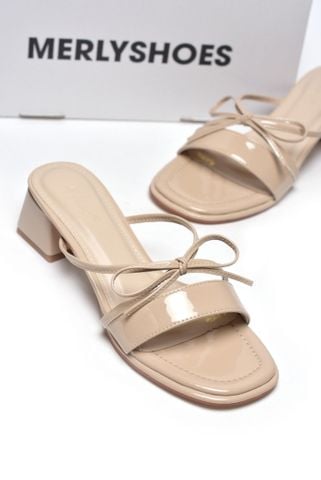 Guốc Quai Ngang Đế Vuông Thấp 3cm Màu Nude Quai Ngang Dây Nơ Nhỏ, Dép Tiểu Thư, Dép Cao Gót, Guốc Nữ Big Size Merly 1596 Kem Bóng