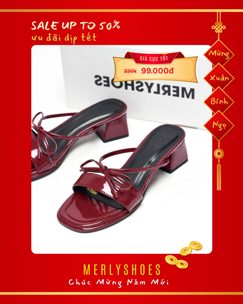 Guốc Nữ Quai Ngang Bản To Dây Nơ Nhỏ Đế Vuông Thấp 3cm Merly 1596 Đỏ Bóng, Dép Tiểu Thư, Giày Cao Gót Đỏ, Dép Cao Gót, Guốc Nữ Big Size, Giày Nữ Tết 2025
