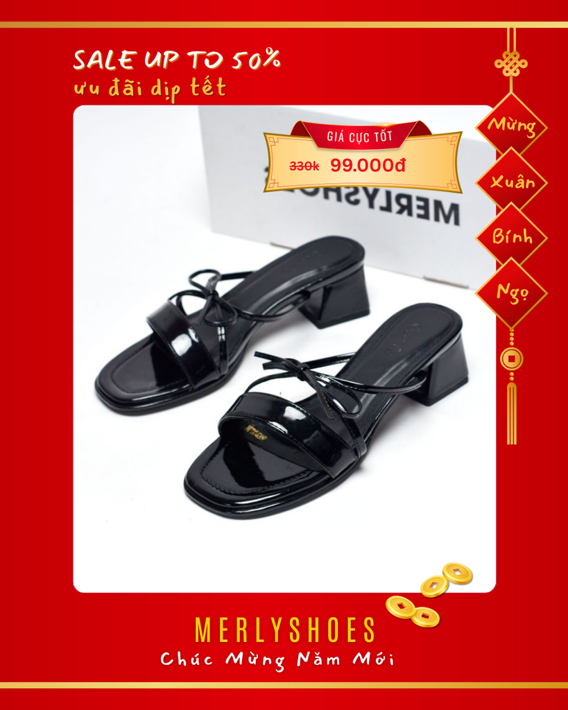 Guốc Nữ Quai Ngang Bản To Đế Vuông 3cm Màu Đen Nơ Dây Nhỏ Tinh Tế, Dép Tiểu Thư, Dép Cao Gót, Guốc Nữ Big Size Merly 1596 Đen Bóng