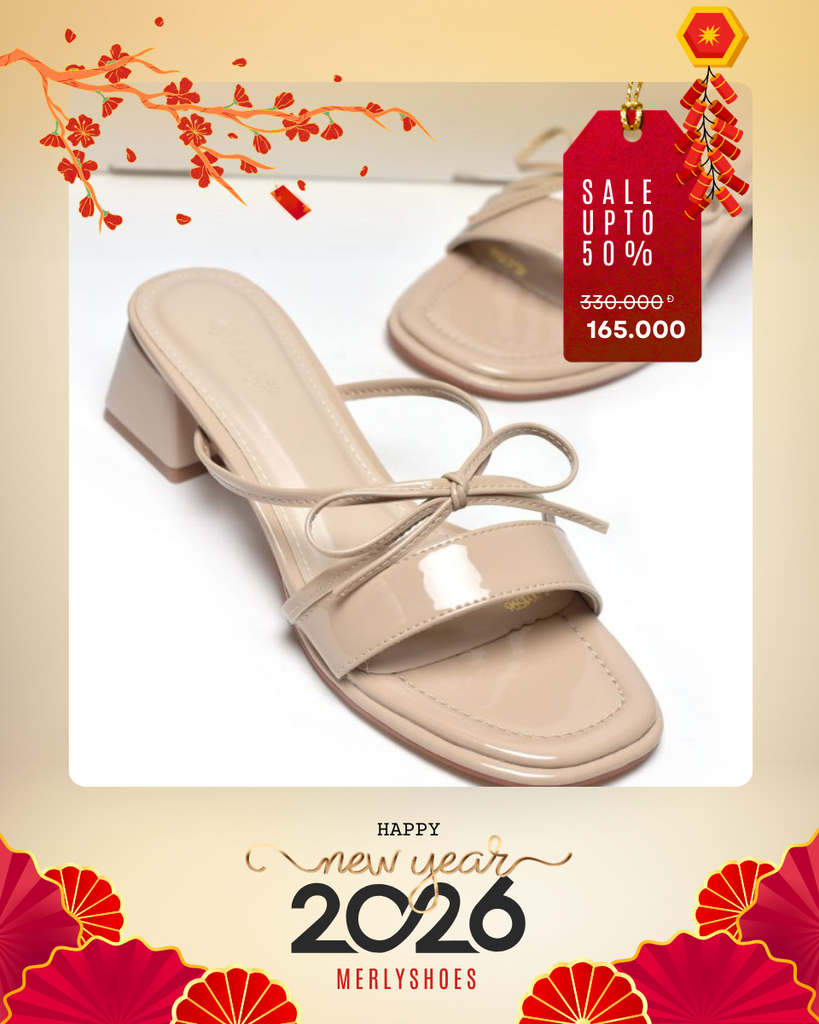 Guốc Quai Ngang Đế Vuông Thấp 3cm Màu Nude Quai Ngang Dây Nơ Nhỏ, Dép Tiểu Thư, Dép Cao Gót, Guốc Nữ Big Size Merly 1596 Kem Bóng