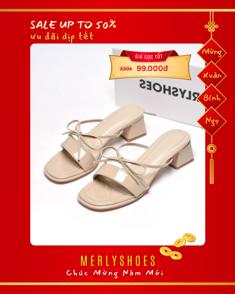 Guốc Quai Ngang Đế Vuông Thấp 3cm Màu Nude Quai Ngang Dây Nơ Nhỏ, Dép Tiểu Thư, Dép Cao Gót, Guốc Nữ Big Size Merly 1596 Kem Bóng