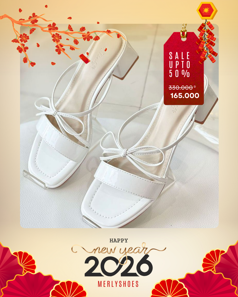 Guốc Nữ Trắng Tiểu Thư Thấp 3cm Đế Vuông Quai Ngang Bản To Kết Hợp Nơ Nhỏ Tinh Tế, Dép Cao Gót, Guốc Nữ, Giày Dép Big Size Merly 1596 Trắng Bóng