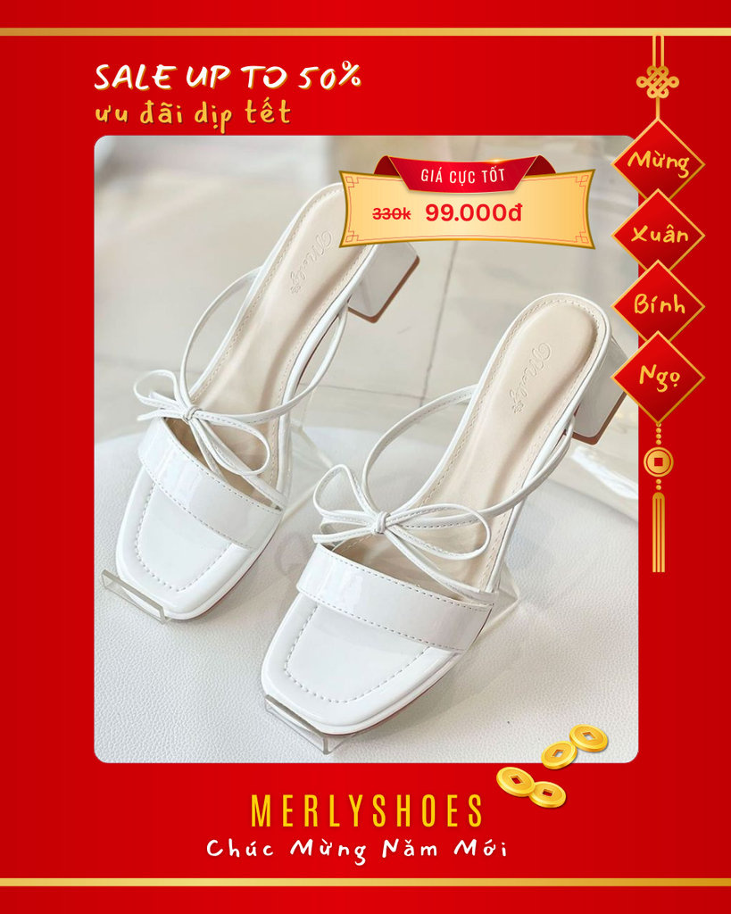 Guốc Nữ Trắng Tiểu Thư Thấp 3cm Đế Vuông Quai Ngang Bản To Kết Hợp Nơ Nhỏ Tinh Tế, Dép Cao Gót, Guốc Nữ, Giày Dép Big Size Merly 1596 Trắng Bóng