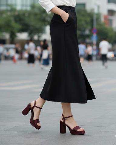 Giày Cao Gót Đỏ Sandal Quai Ngang Đế Vuông Có Đúp Mũi Hở Ngón Êm Chân Merly 1597-10P Đỏ Burgundy 35-42