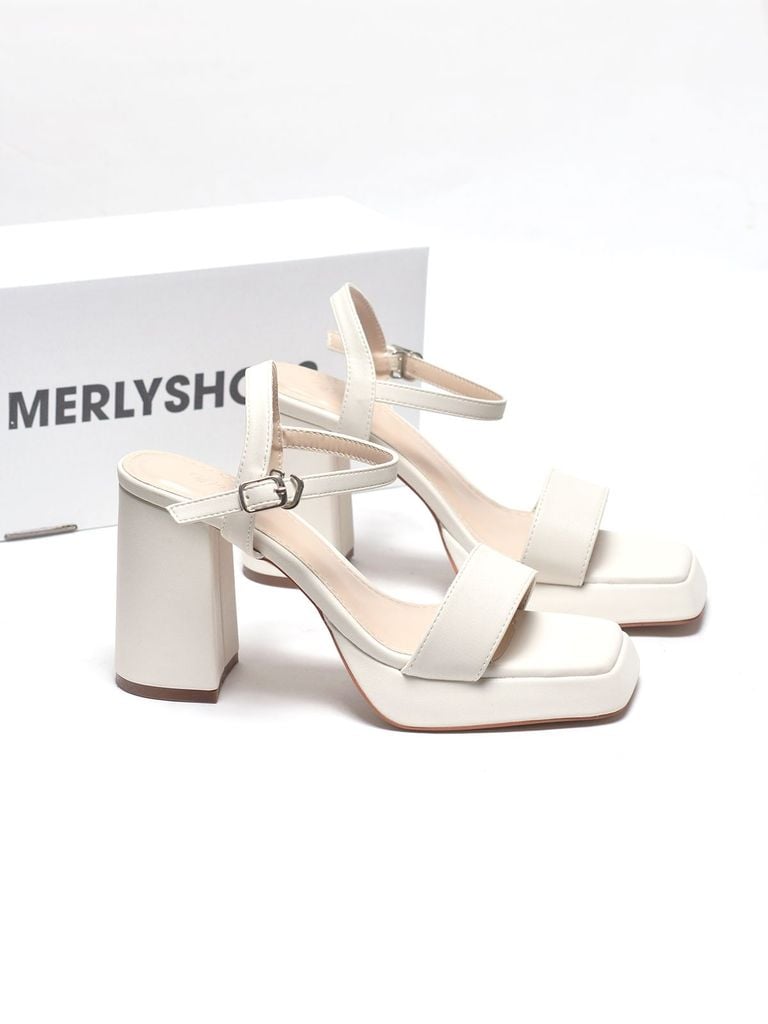 [10cm] Giày Sandals Đúp Mũi Quai Ngang Đế Vuông Cao 10cm Merly 1597-10P Trắng Kem Ivory Size 35-42, Sandal Cao Gót, Xăng Đan Cao Gót, Sandal Bigsize, Giày Cao Gót Big Size, Giày Tăng Chiều Cao Cho Nữ