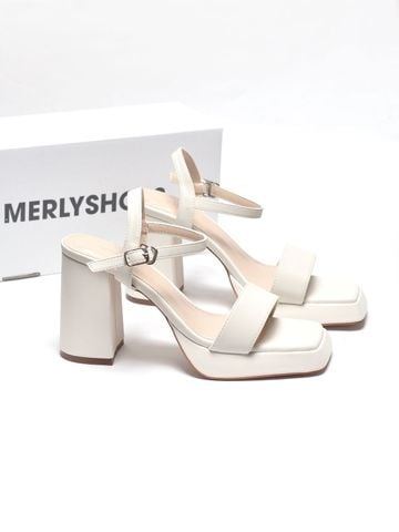 [10cm] Giày Sandals Đúp Mũi Quai Ngang Đế Vuông Cao 10cm Merly 1597-10P Trắng Kem Ivory Size 35-42, Sandal Cao Gót, Xăng Đan Cao Gót, Sandal Bigsize, Giày Cao Gót Big Size, Giày Tăng Chiều Cao Cho Nữ
