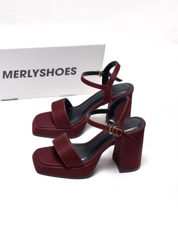 [10cm] Giày Sandal Quai Ngang Đế Vuông Có Đúp Mũi Hở Ngón Êm Chân Merly 1597-10P Đỏ Burgundy 35-42, Xăng Đan Cao Gót, Sandal Bigsize, Giày Cao Gót Big Size, Giày Tăng Chiều Cao Cho Nữ