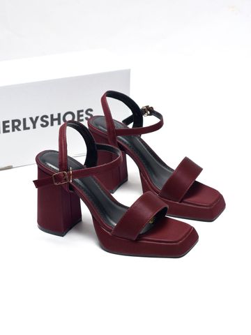 [10cm] Giày Sandal Quai Ngang Đế Vuông Có Đúp Mũi Hở Ngón Êm Chân Merly 1597-10P Đỏ Burgundy 35-42, Xăng Đan Cao Gót, Sandal Bigsize, Giày Cao Gót Big Size, Giày Tăng Chiều Cao Cho Nữ