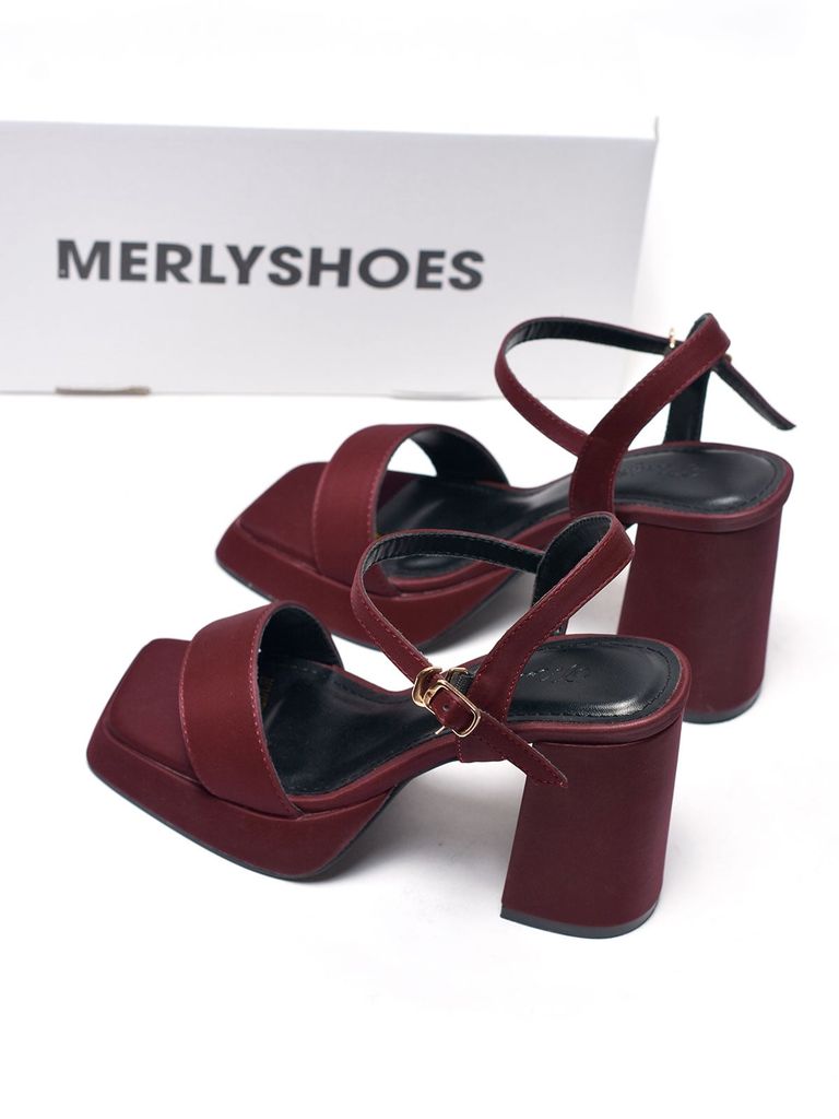 [10cm] Giày Sandal Quai Ngang Đế Vuông Có Đúp Mũi Hở Ngón Êm Chân Merly 1597-10P Đỏ Burgundy 35-42, Xăng Đan Cao Gót, Sandal Bigsize, Giày Cao Gót Big Size, Giày Tăng Chiều Cao Cho Nữ