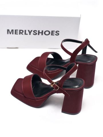 [10cm] Giày Sandal Quai Ngang Đế Vuông Có Đúp Mũi Hở Ngón Êm Chân Merly 1597-10P Đỏ Burgundy 35-42, Xăng Đan Cao Gót, Sandal Bigsize, Giày Cao Gót Big Size, Giày Tăng Chiều Cao Cho Nữ