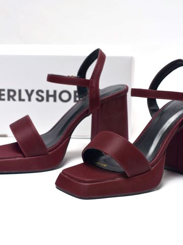 [10cm] Giày Sandal Quai Ngang Đế Vuông Có Đúp Mũi Hở Ngón Êm Chân Merly 1597-10P Đỏ Burgundy 35-42, Xăng Đan Cao Gót, Sandal Bigsize, Giày Cao Gót Big Size, Giày Tăng Chiều Cao Cho Nữ