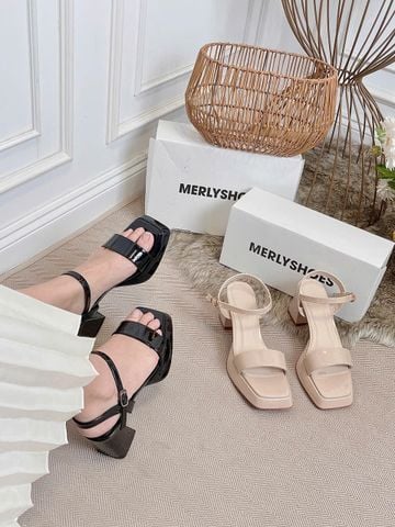 [NEW 35-42] Sandal Cao Gót Đế Đúp 7cm Mũi Vuông Merly 1597 Đen Bóng, Xăng Đan Đế Cao, Giày Cao Gót Big Size 35-42
