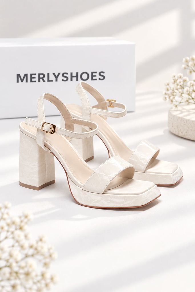 Giày Sandal Cao Gót 10cm Quai Ngang Đế Vuông Merly 1597-10P Trắng Vân Mây Da Mềm, Giày Nữ Big Size 35-42, Giày Đi Tiệc, Giày Cưới Cô Dâu, Giày Cao Gót 10cm, Giày Cao Gót Big Size