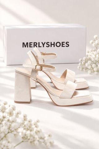 Giày Sandal Cao Gót 10cm Quai Ngang Đế Vuông Merly 1597-10P Trắng Vân Mây Da Mềm, Giày Nữ Big Size 35-42, Giày Đi Tiệc, Giày Cưới Cô Dâu, Giày Cao Gót 10cm, Giày Cao Gót Big Size