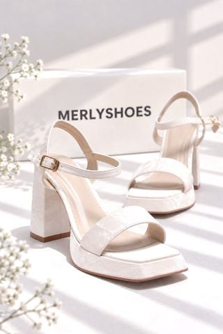 Giày Sandal Cao Gót 10cm Quai Ngang Đế Vuông Merly 1597-10P Trắng Vân Mây Da Mềm, Giày Nữ Big Size 35-42, Giày Đi Tiệc, Giày Cưới Cô Dâu, Giày Cao Gót 10cm, Giày Cao Gót Big Size