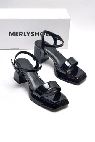 [NEW 35-42] Sandal Cao Gót Đế Đúp 7cm Mũi Vuông Merly 1597 Đen Bóng, Xăng Đan Đế Cao, Giày Cao Gót Big Size 35-42