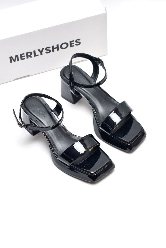 [NEW 35-42] Sandal Cao Gót Đế Đúp 7cm Mũi Vuông Merly 1597 Đen Bóng, Xăng Đan Đế Cao, Giày Cao Gót Big Size 35-42