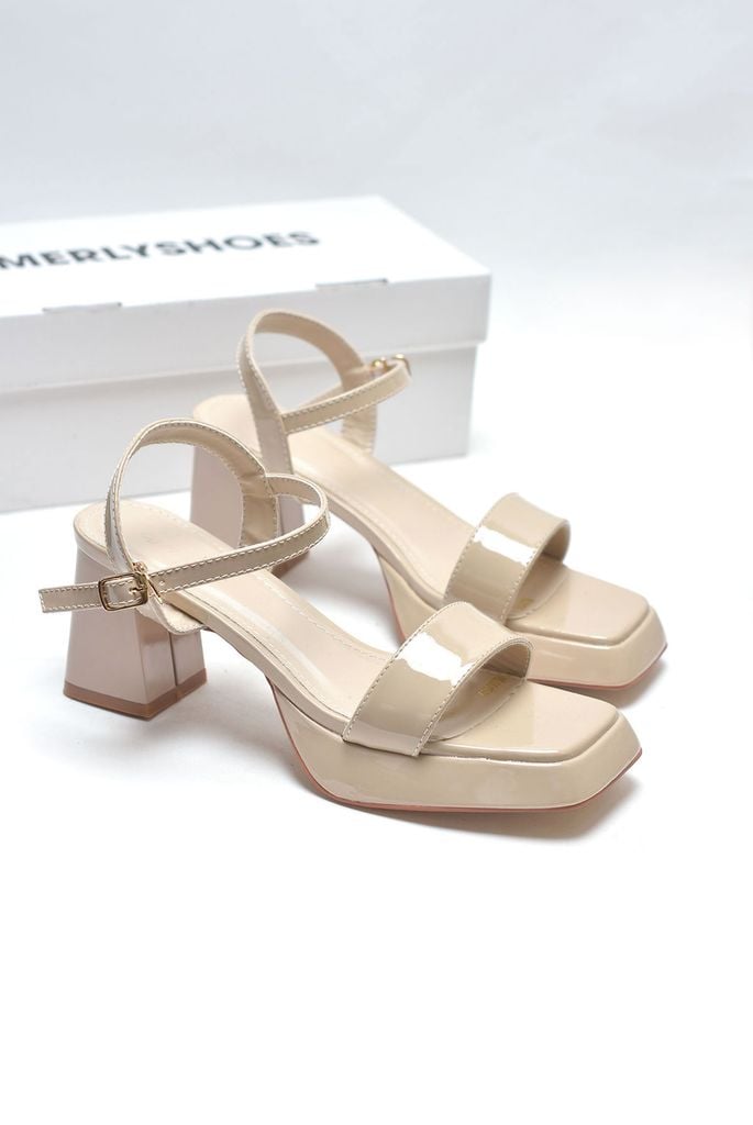 Sandal Cao Gót Đúp Mũi Vuông Thấp 7cm Bigsize 35-42 Merly 1597-7P Kem Bóng, Giày Mặc Áo Dài, Giày Sandal Đế Đúp