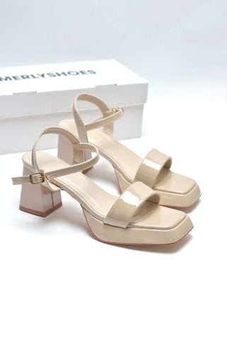 [NEW 35-42] Sandal Cao Gót Đúp Mũi Vuông Thấp 7cm Bigsize 35-42 Merly 1597 Kem Bóng, Giày Mặc Áo Dài, Giày Sandal Đế Đúp