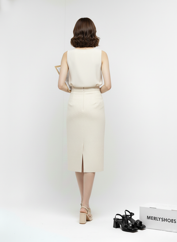 [NEW 35-42] Sandal Cao Gót Đúp Mũi Vuông Thấp 7cm Bigsize 35-42 Merly 1597 Kem Bóng, Giày Mặc Áo Dài, Giày Sandal Đế Đúp