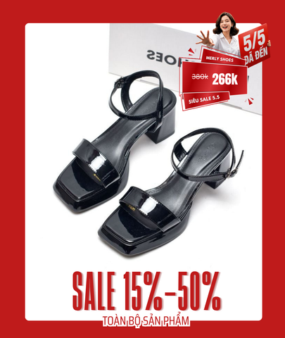 Sandal Cao Gót Đế Đúp 7cm Mũi Vuông Merly 1597-7P Đen Bóng, Xăng Đan Đế Cao, Giày Cao Gót Big Size 35-42
