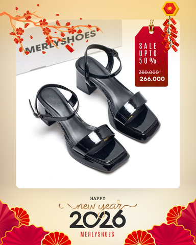 [NEW 35-42] Sandal Cao Gót Đế Đúp 7cm Mũi Vuông Merly 1597 Đen Bóng, Xăng Đan Đế Cao, Giày Cao Gót Big Size 35-42