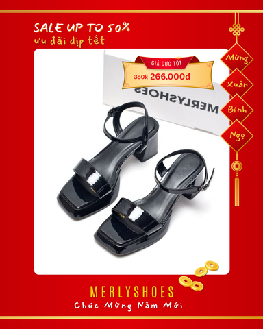 [NEW 35-42] Sandal Cao Gót Đế Đúp 7cm Mũi Vuông Merly 1597 Đen Bóng, Xăng Đan Đế Cao, Giày Cao Gót Big Size 35-42