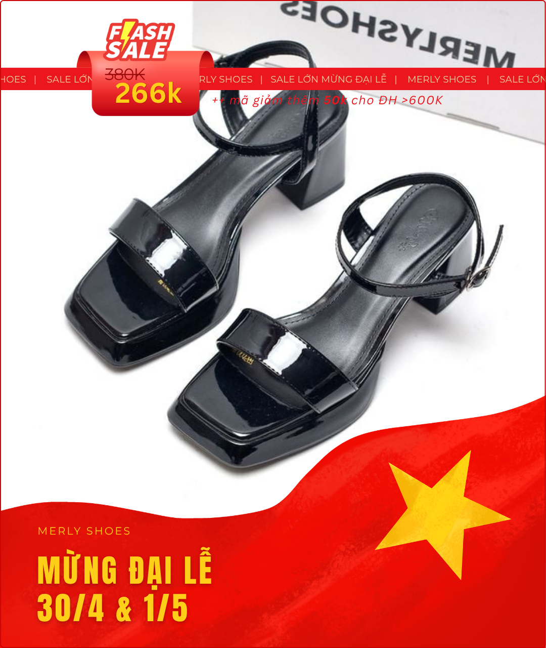 Sandal Cao Gót Đế Đúp 7cm Mũi Vuông Merly 1597-7P Đen Bóng, Xăng Đan Đế Cao, Giày Cao Gót Big Size 35-42