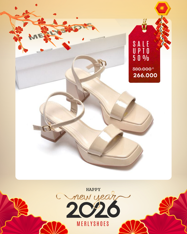 [NEW 35-42] Sandal Cao Gót Đúp Mũi Vuông Thấp 7cm Bigsize 35-42 Merly 1597 Kem Bóng, Giày Mặc Áo Dài, Giày Sandal Đế Đúp
