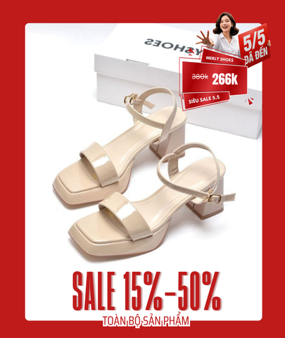 Sandal Cao Gót Đúp Mũi Vuông Thấp 7cm Bigsize 35-42 Merly 1597-7P Kem Bóng, Giày Mặc Áo Dài, Giày Sandal Đế Đúp