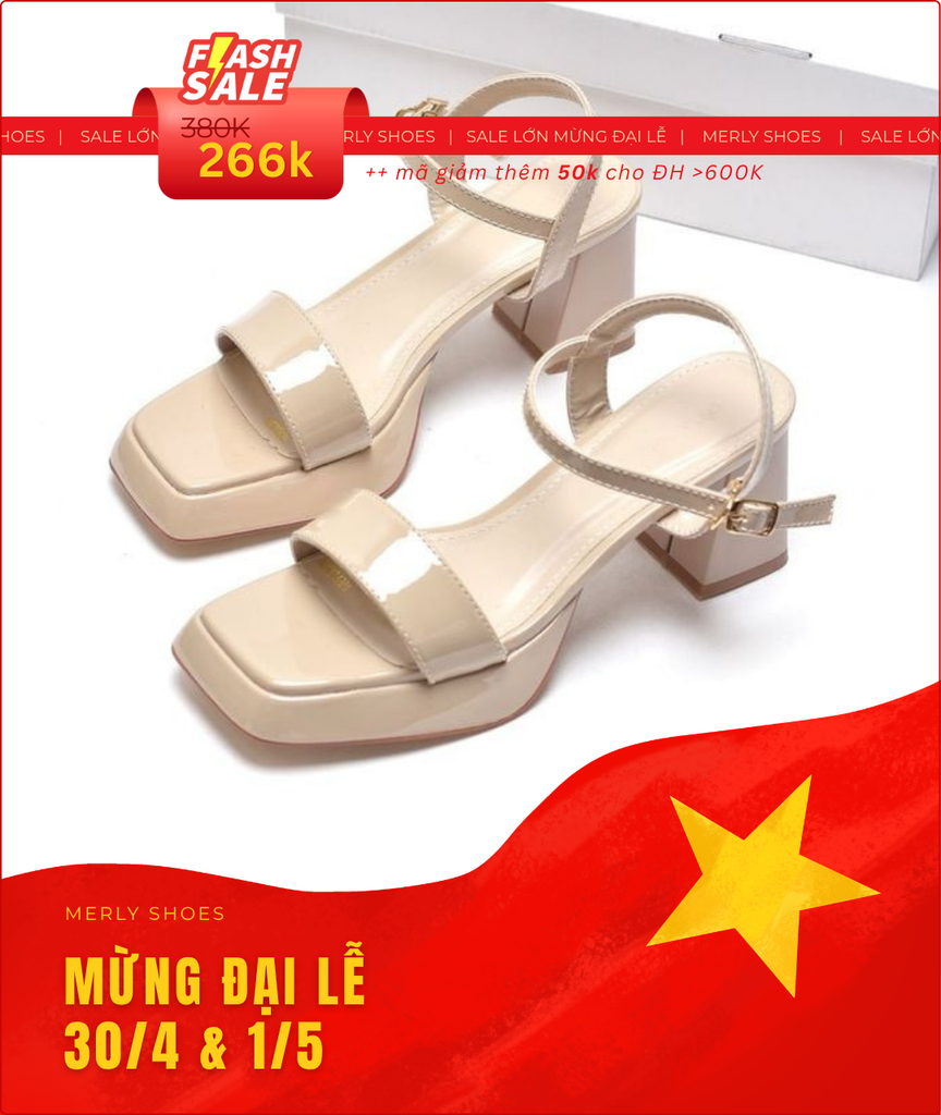 Sandal Cao Gót Đúp Mũi Vuông Thấp 7cm Bigsize 35-42 Merly 1597-7P Kem Bóng, Giày Mặc Áo Dài, Giày Sandal Đế Đúp
